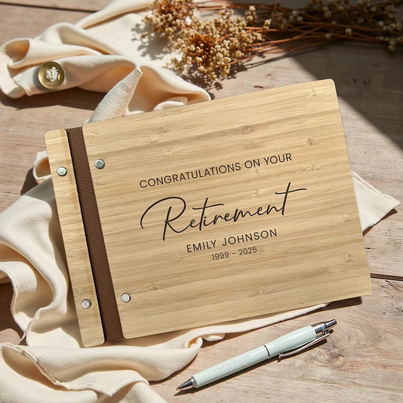 Personalized Wooden Retirement Commemorative Photo Album: Engraved Album, Leather Binding