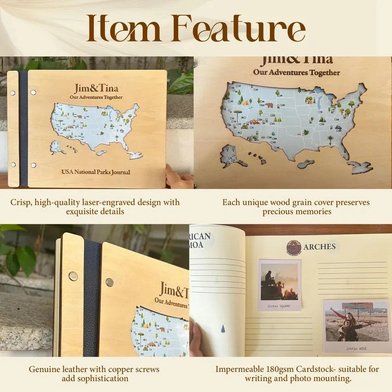 Personalized Wooden USA National Parks Travel Journal, Explorer Gift