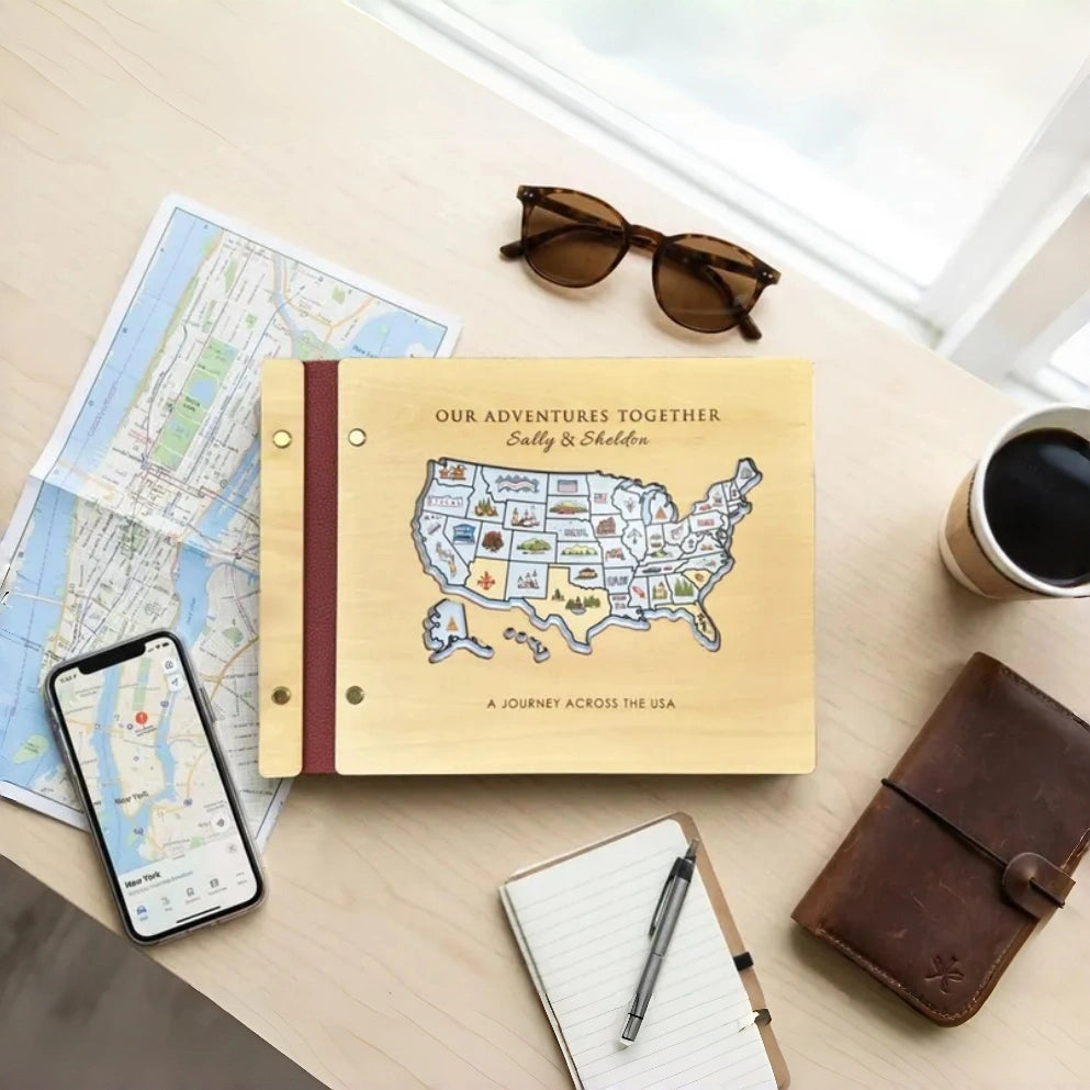 Personalized USA Travel Map Journal, Wooden Adventure Book