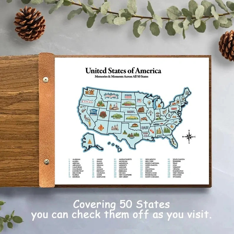 Personalized USA Travel Map Journal, Wooden Adventure Book