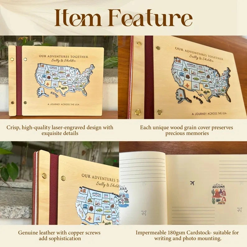 Personalized USA Travel Map Journal, Wooden Adventure Book