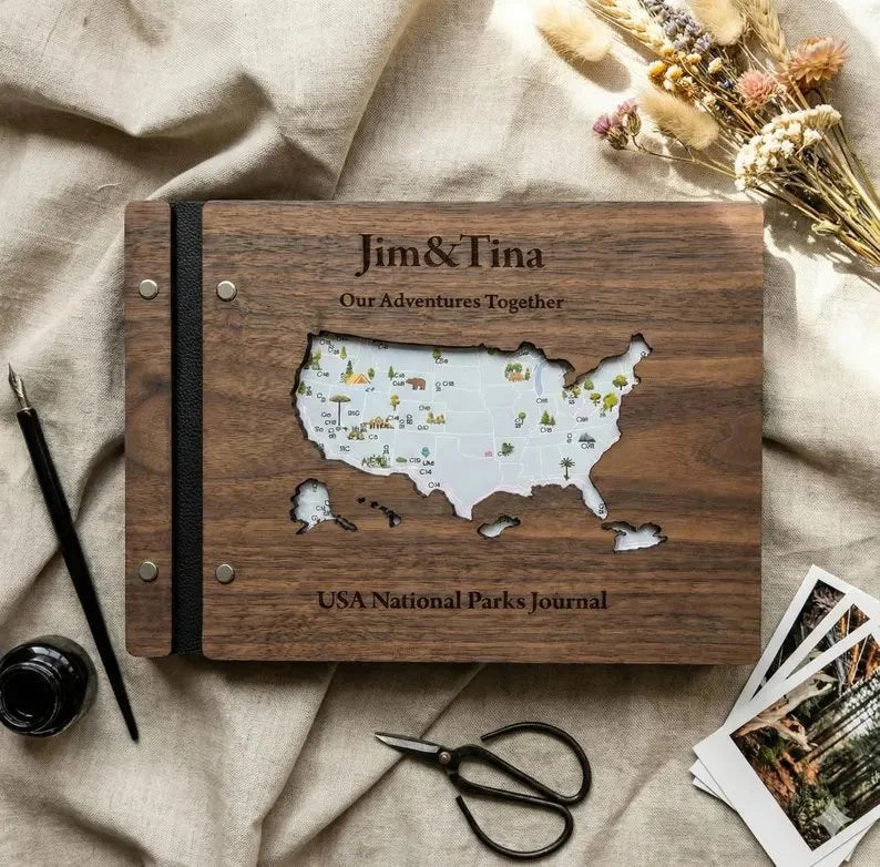 Personalized Wooden USA National Parks Travel Journal, Explorer Gift