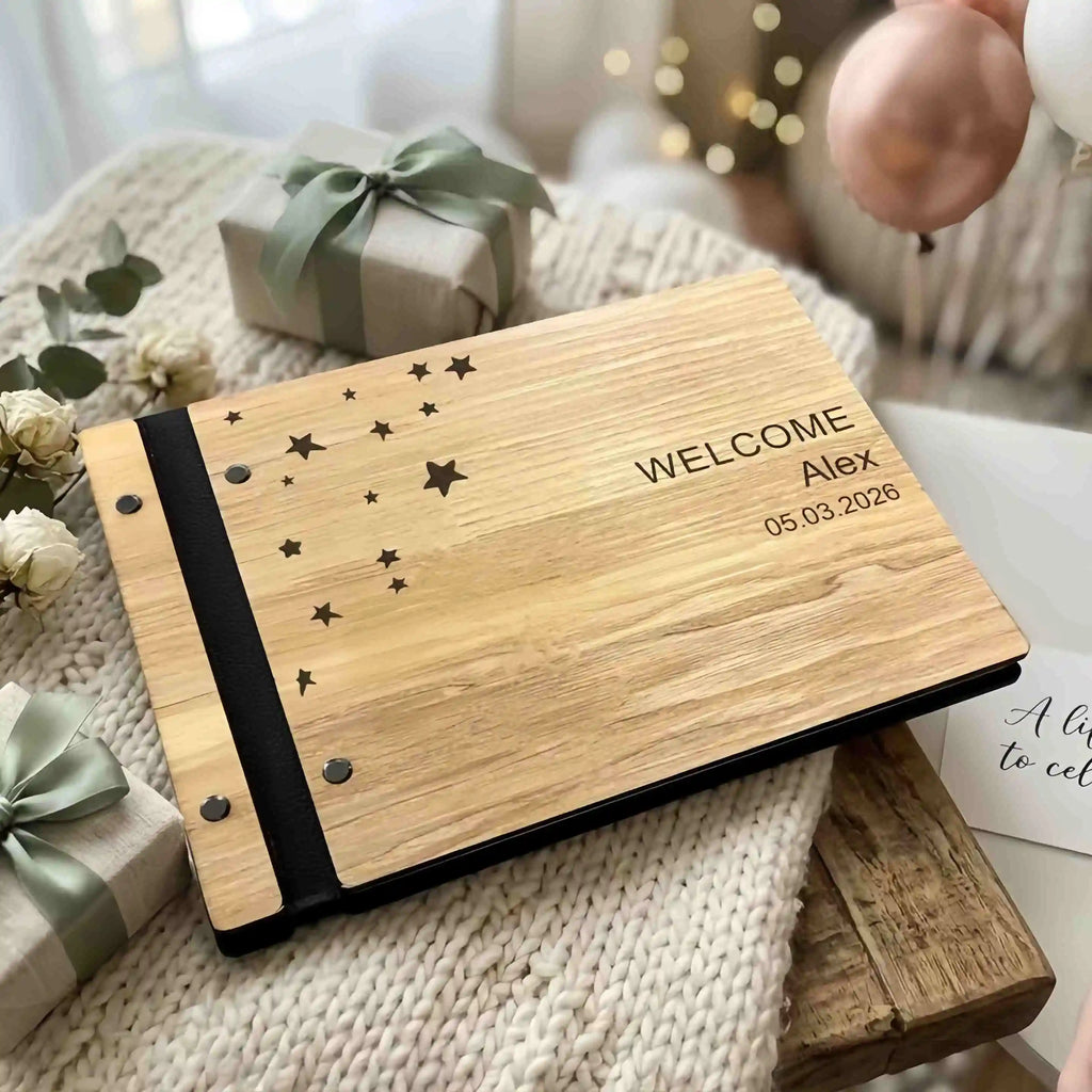 Wooden and Genuine Leather Guestbook for Baby Shower,Gift for Expectant Parents