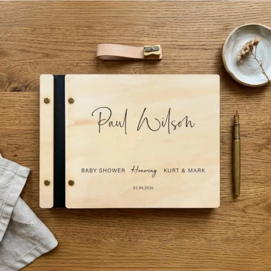 Wooden and Genuine Leather Guestbook for Baby Shower,Gift for Expectant Parents
