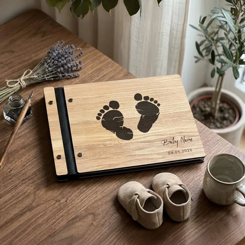 Wooden and Genuine Leather Guestbook for Baby Shower,Gift for Expectant Parents