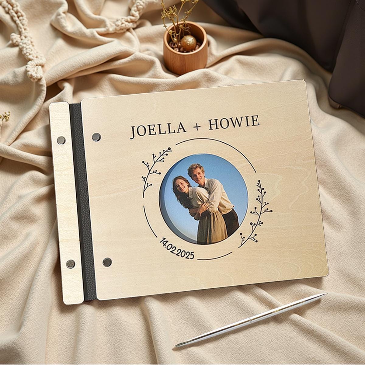 Personalized Wooden Wedding Guest Book, Photo Album Anniversary Gifts for Couples